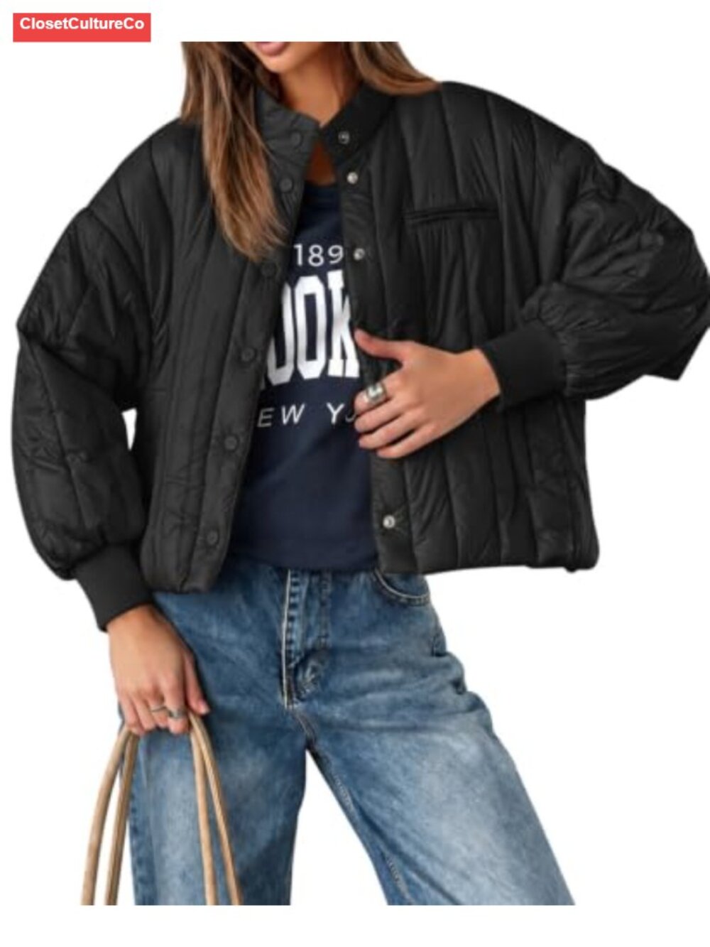 Quilted Lightweight Puffer Jacket Button Down Oversized Cropped Winter Coat